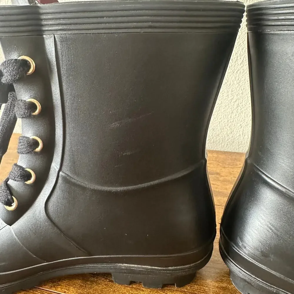 Tommy Hilfiger Women's Rain Boots Booties Lace Up with Buckle Detail Black 6
